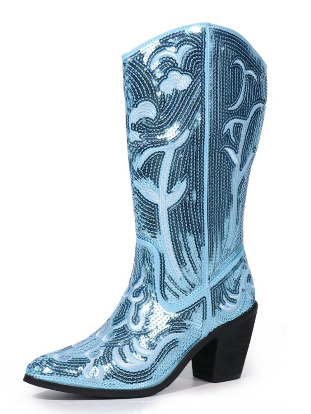 Women's Sequin Mid Calf Western Cowboy Boots Wide Calf High Fashion Zipper